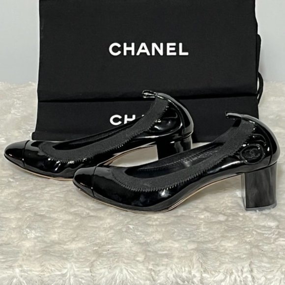 CHANEL Black Patent Leather CC Scrunch Block Heel Pumps EU Size 36, US Size 6 - Picture 3 of 15